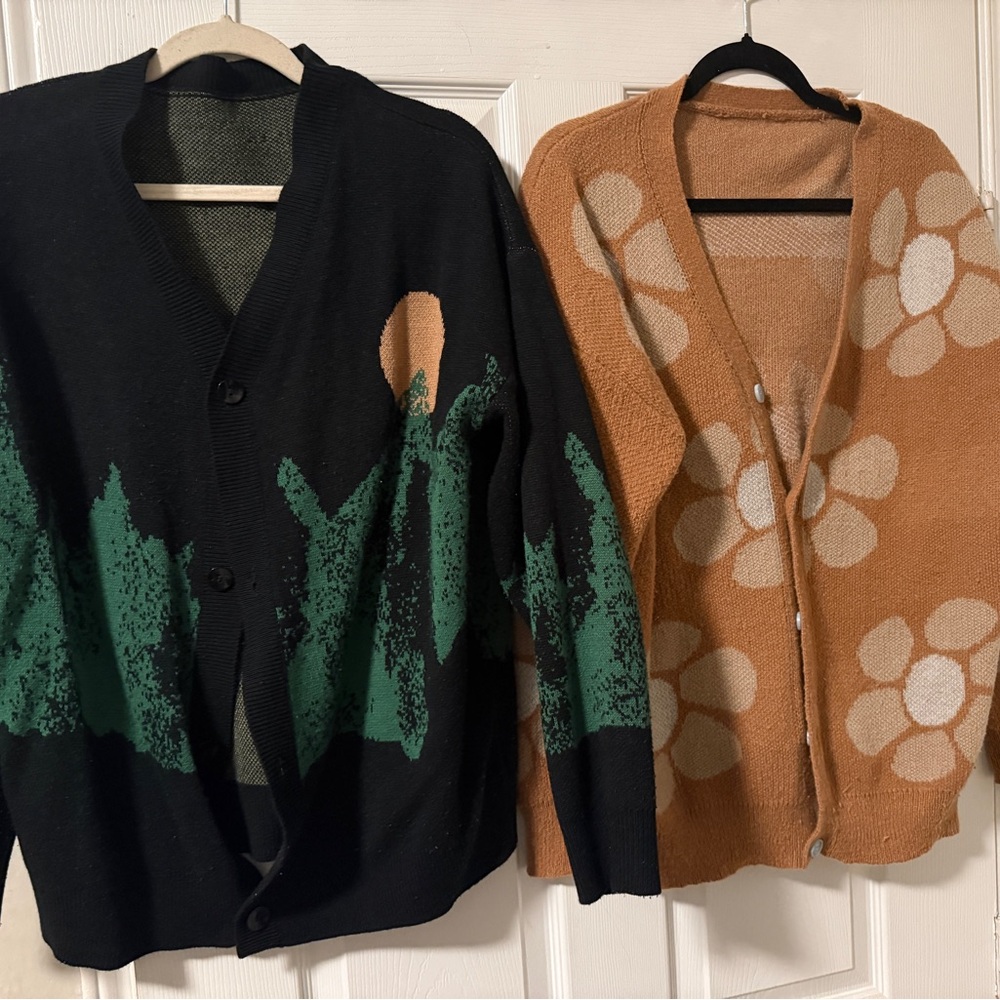 Vintage Black & Green Graphic Cardigan + Rust Floral Cardigan (Two)